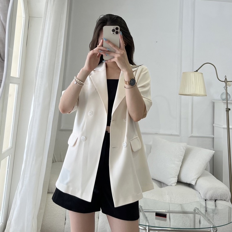 Áo khoác blazer nữ cộc tay dáng dài 4 khuy ngang hàng thiết kế Huien Design form Hàn Quốc thời trang thanh lịch | BigBuy360 - bigbuy360.vn