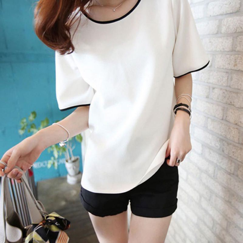 Áo thun tay ngắn cổ chữ O màu trơn thanh lịch cho nữ