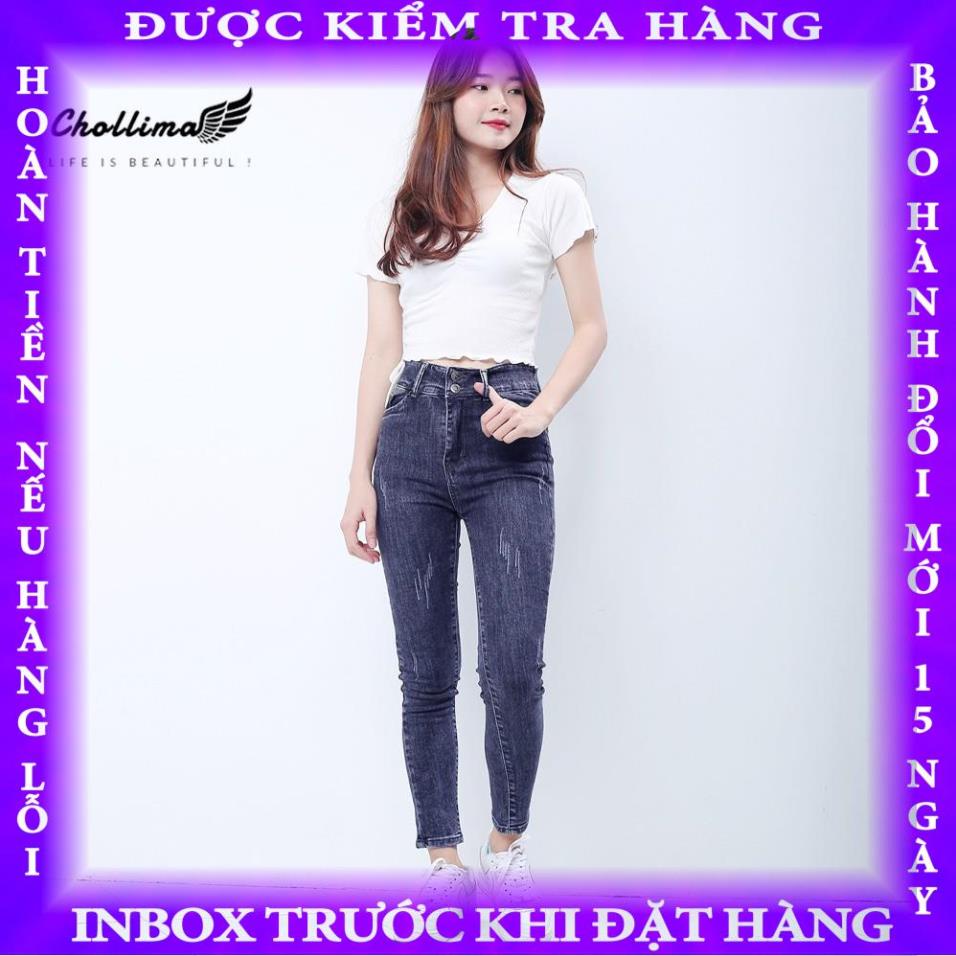 Quần jeans nữ co giãn Chollima cạp siêu cao mài xước màu xanh xám QD038 phong cách trẻ trung năng động baybay