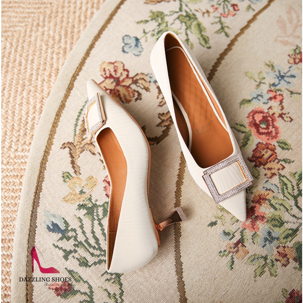 Giày Cao Gót Nữ Mũi Nhọn Charm Đá Cao Cấp, Giày Cao Gót Nữ Đế Mảnh Cao 6P, Chất Liệu Da Cao Cấp, Đi Êm Chân - DA719