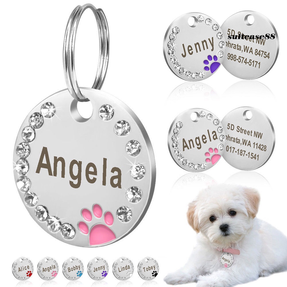 Vòng cổ in tên dành cho cún cưng thiết kế hình tròn đính đá từ kim loại tiện dụng