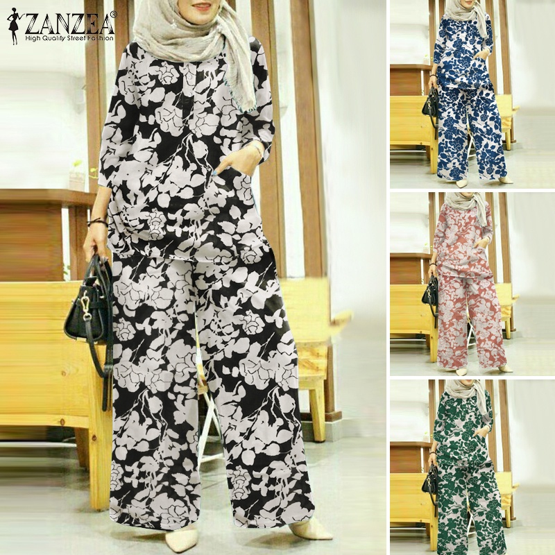 Zanzea Set Áo Tay 3 / 4 + Quần Dài Ống Rộng Lưng Thun Họa Tiết Hoa Thời Trang Cho Phụ Nữ Hồi Giáo
