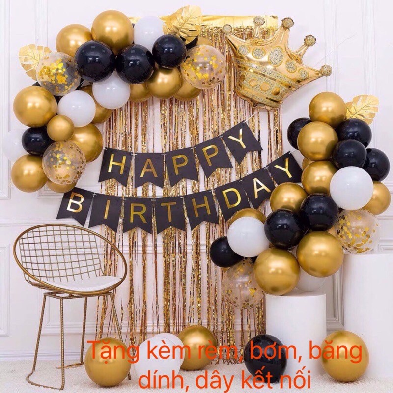 Set bóng trang trí sinh nhật tone màu vàng gold đen, tặng kèm dây kết bóng thành chùm, bơm, băng dính