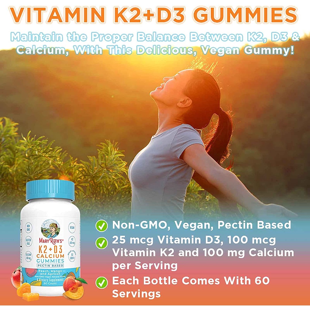 Viên kẹo nhai bổ sung vitamin D3, K2 và canxi Mary Ruth’s 60v