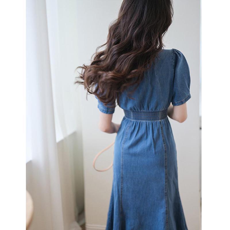 Đầm Denim Tay Ngắn Cổ Chữ V Thiết Kế Mỏng Cao Cấp Thời Trang Mùa Hè Dành Cho Nữ