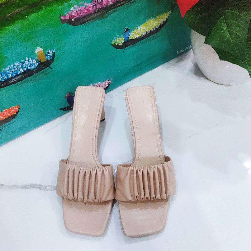 Dép Guốc Nữ Quai Nhún Đế Trụ Cao 6 Phân, Kiểu Dễ Thương Da Mềm Mang Êm Chân