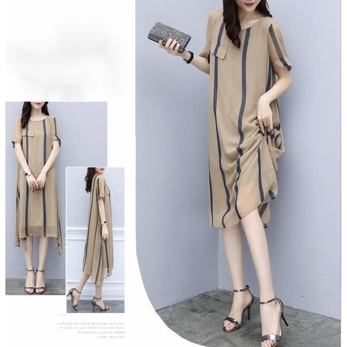 Đầm Dáng Chữ A Tay Ngắn Dáng Rộng Họa Tiết Kẻ Sọc Thời Trang Xinh Xắn Cho Nữ