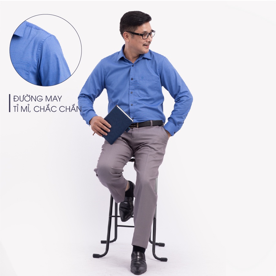 Áo Sơ Mi Nam Dài Tay Trung Niên ANCHI Màu Xanh Biển Trơn Vải Sợi Tre Cao Cấp