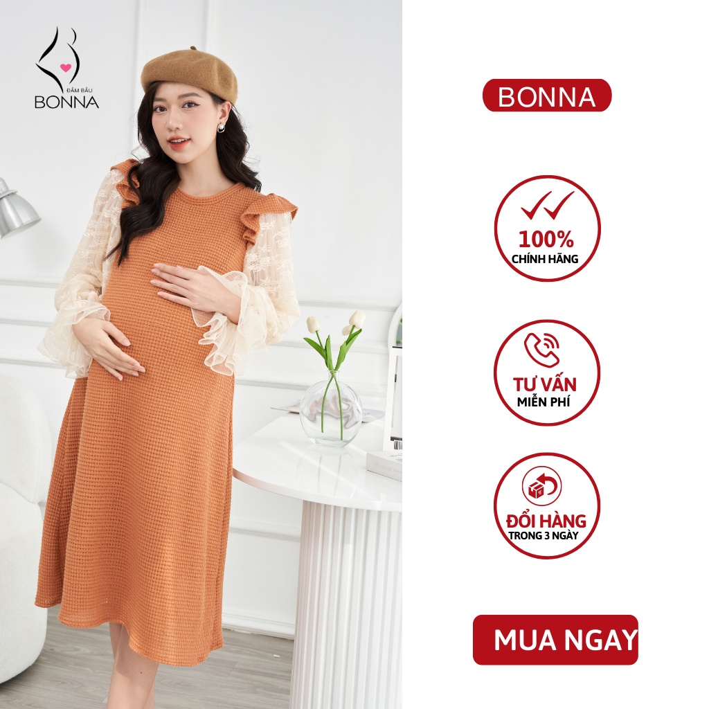 Váy bầu mùa đông BONNA chất liệu len dày dặn, thiết kế tay cách điệu phối ren sợi cao cấp, mặc mềm mịn và ấm áp VS240