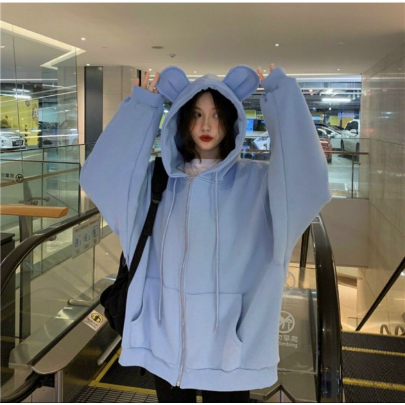 Áo khoác hoodie nữ form rộng có zip tay phồng in chữ kí, mẫu áo khoác nỉ nữ chống lạnh thời trang thu đông