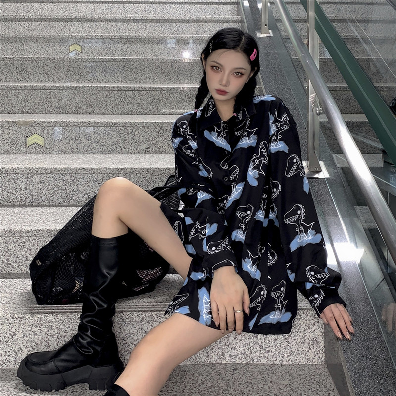 Women's Retro Print Korean Top Fashion Loose Dinosaur Long Sleeve Shirt | WebRaoVat - webraovat.net.vn