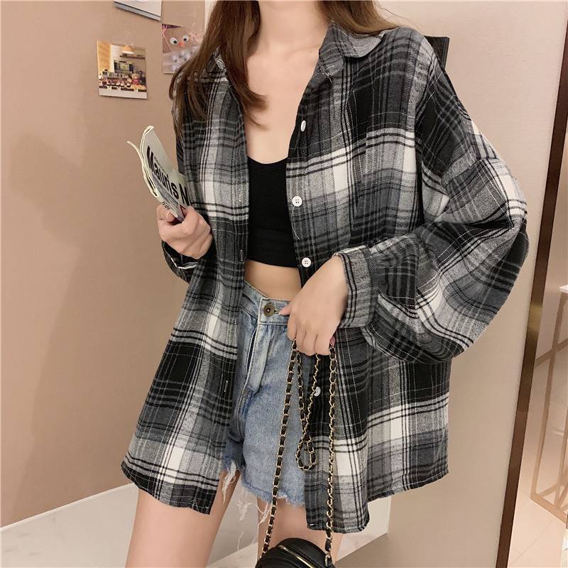 Áo sơ mi tay dài cổ bẻ kẻ sọc caro trẻ trung thời trang cho nữ | BigBuy360 - bigbuy360.vn
