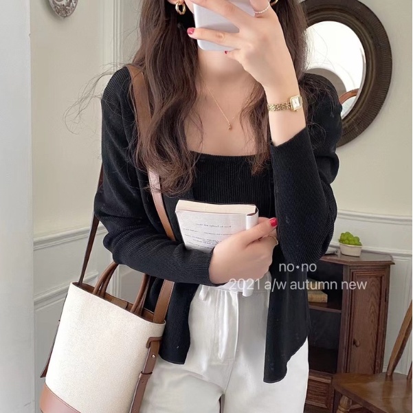 SUXI Set áo cardigan tay dài kẻ sọc và áo hai dây phong cách Hàn Quốc thời trang mùa thu