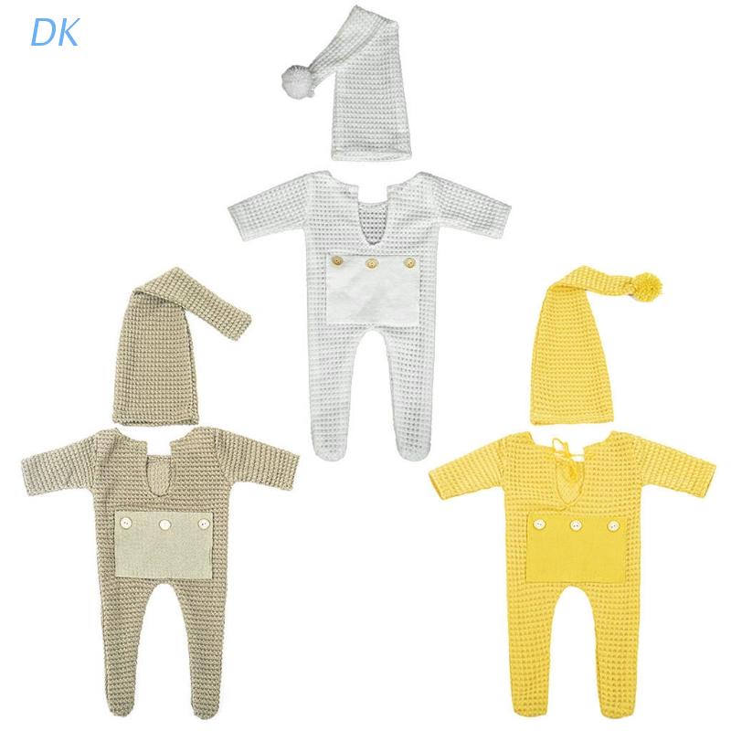 Set 2 món đồ liền thân và nón đan len chụp ảnh cho bé sơ sinh
