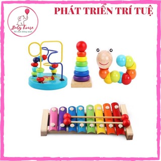 [ Tổng hợp mẫu ] Đồ chơi gỗ thông minh phát triển tư duy cho bé đàn - sâu gỗ - luồn hạt - còi -tháp cầu vồng.