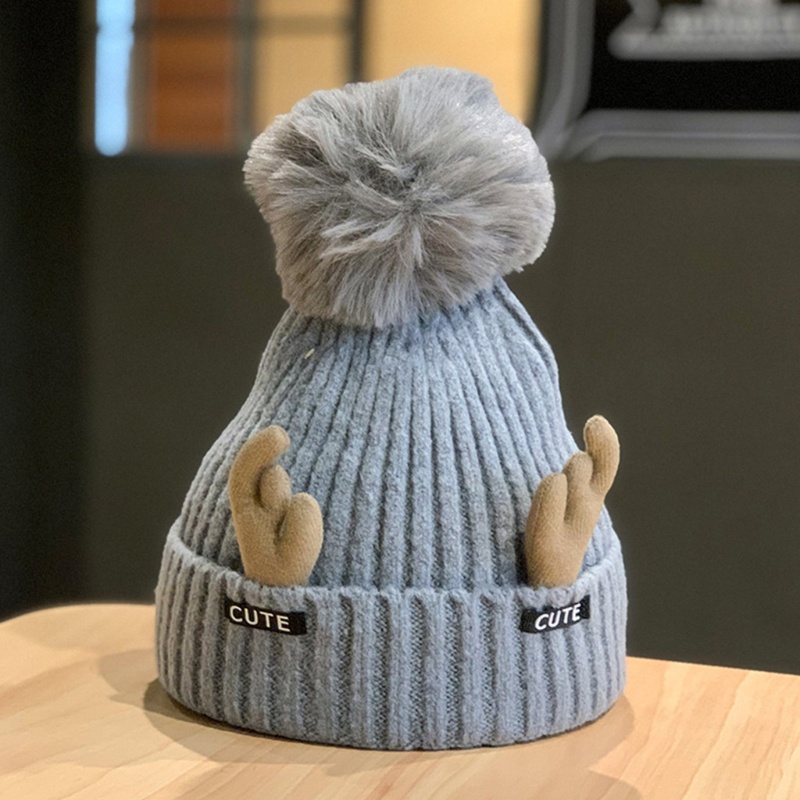 Mũ Beanie Dệt Kim Hình Sừng Hươu Đính Bóng Lông Đáng Yêu Thời Trang Xuân Đông Cho Nam Và Nữ