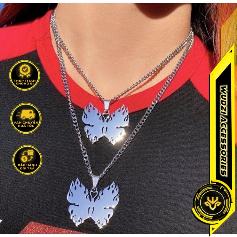 Vòng cổ thép titan mặt hình bướm hiệu ứng lửa cháy phong cách Cyber Punk không gỉ dành cho nam và nữ Unisex