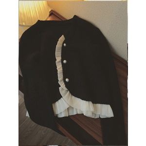 Áo len cardigan cổ V cài khuy phối voan vạt áo điệu đà tiểu thư vintage Hàn Quốc