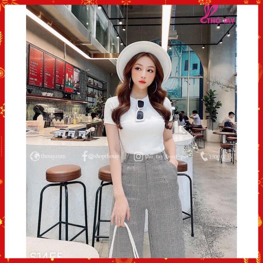 Sét Bộ Đồ Nữ Áo Phông Trắng Kèm Quần Kẻ Chun Siêu Xịn Sò | BigBuy360 - bigbuy360.vn