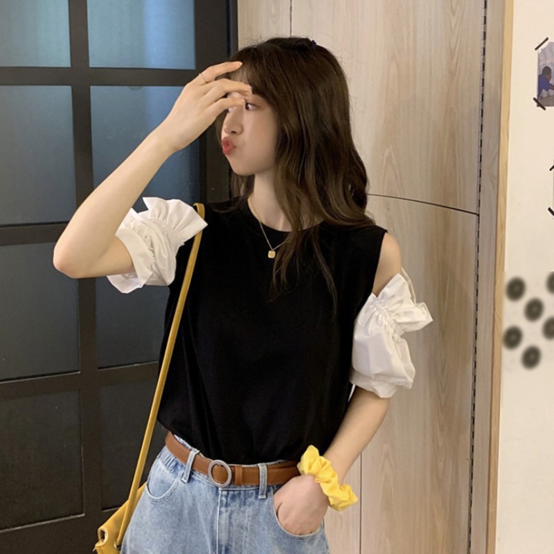 Áo Thun Cổ Tròn Tay Ngắn Phồng Màu Trơn Thời Trang Mùa Hè Dành Cho Nữ
