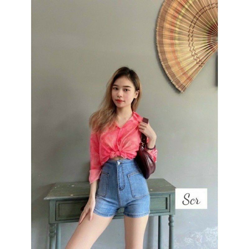 Quần short jean lưng cao 2 nút có 2 cực xinh co dãn tốt