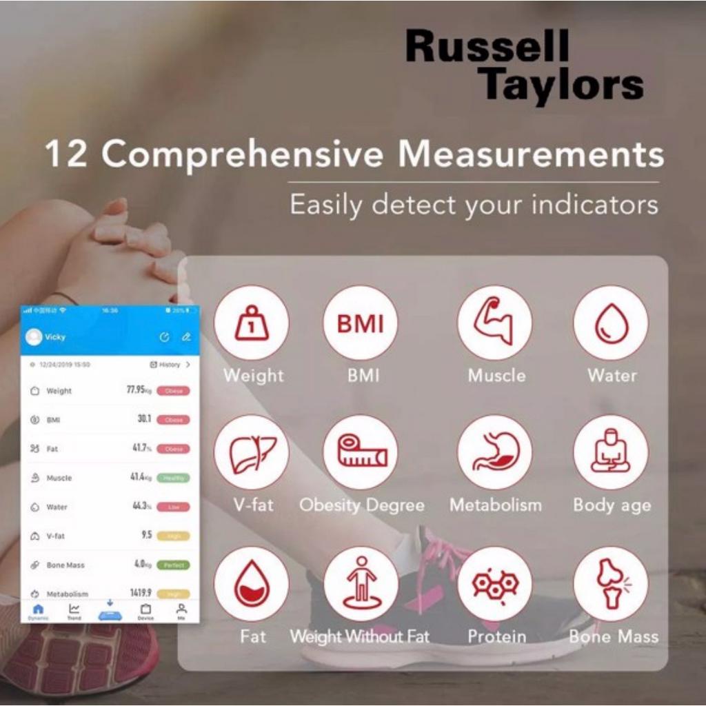 Cân điện tử thông minh Russell Taylors Bluetooth BWS-10 cao cấp phân tích thành phần cơ thể chính BMI, mỡ, cơ BH 12 thá