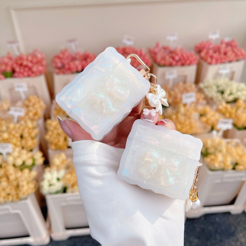 Vỏ Bảo Vệ Hộp Sạc Tai Nghe AirPods 1 2 3 Pro Đính Nơ Và Ngọc Trai Sang Trọng Thời Trang