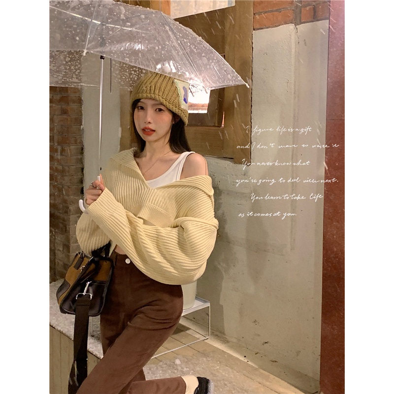 Áo Hoodie Dệt Kim Tay Dài Dáng Rộng Cổ Chữ V Dễ Thương Xinh Xắn