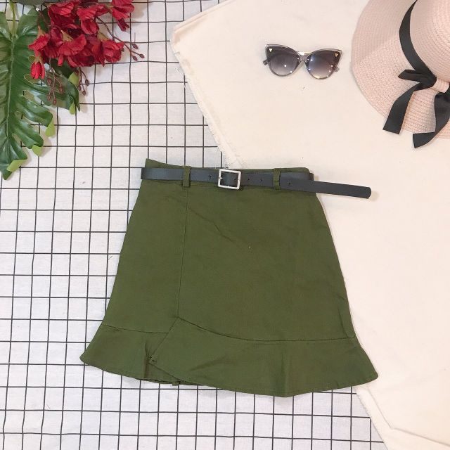 Chân váy đắp lệch viền bèo kèm belt QC ( Ảnh thật)
