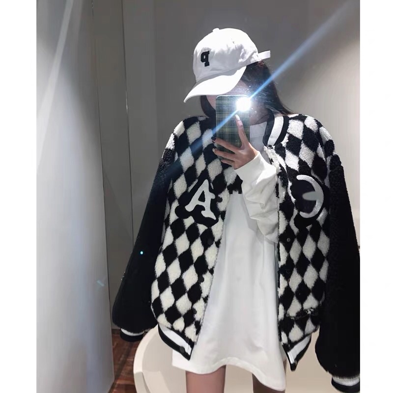 Áo bomber kiểu dáng bóng chày sọc kẻ caro