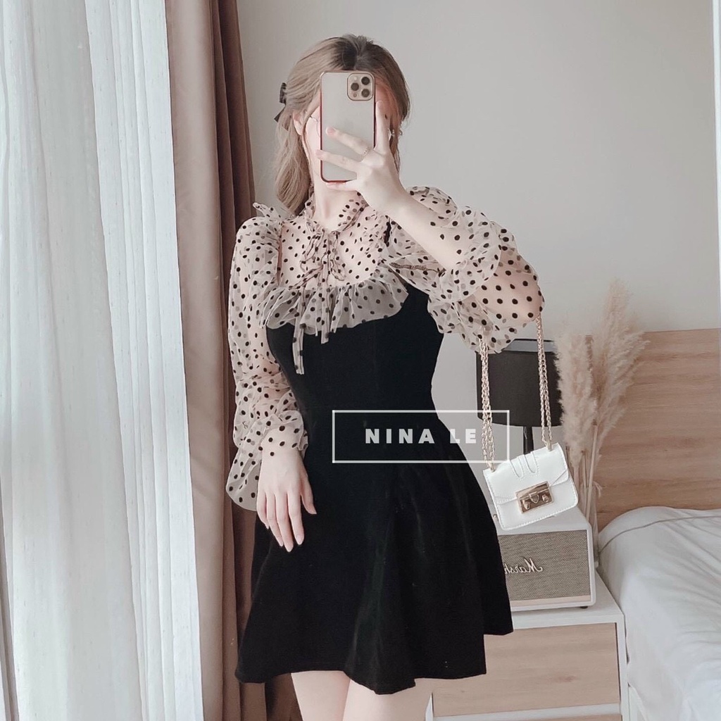 Đầm tay dài phối tay lưới chấm bi cột nơ cổ, đầm umi dáng xòe lưới bi cách điệu xinh xắn dx