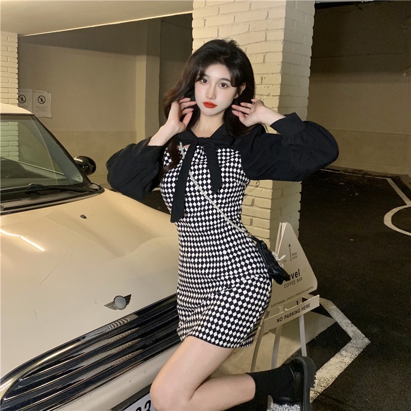 Đầm Perty dáng ôm in sọc caro phong cách Hàn Quốc thời trang mùa thu dành cho nữ