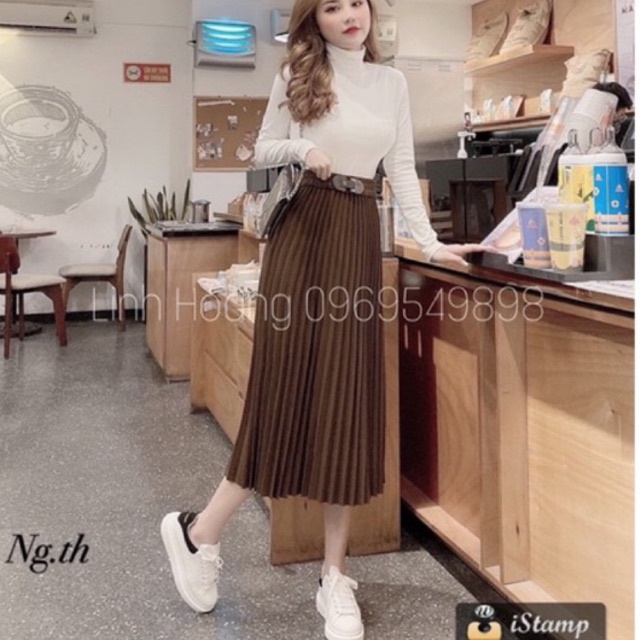 Chân váy xếp ly đai da, Chân váy xòe dáng dài CV1120 - NhiNhi Shop