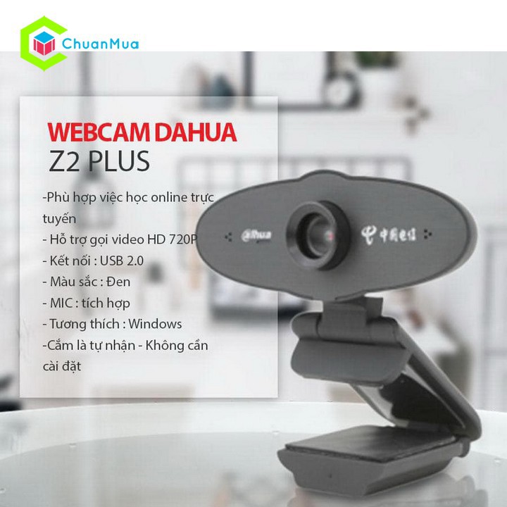 Webcam máy tính Dahua Z2+ phân giải HD 720P tích hợp Micro trò chuyện