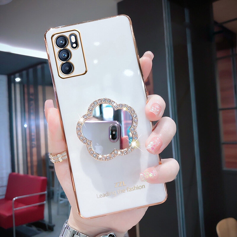Ốp Điện Thoại Mềm Tráng Gương Trang Điểm Họa Tiết Hoa Đính Đá Lấp Lánh Sang Trọng Cho OPPO Reno 6Z 5G