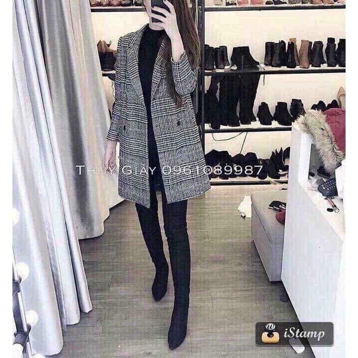 Áo Khoác Dạ Bầu Kẻ Caro Vải Dạ 2 Lớp Freesize&lt;68kg