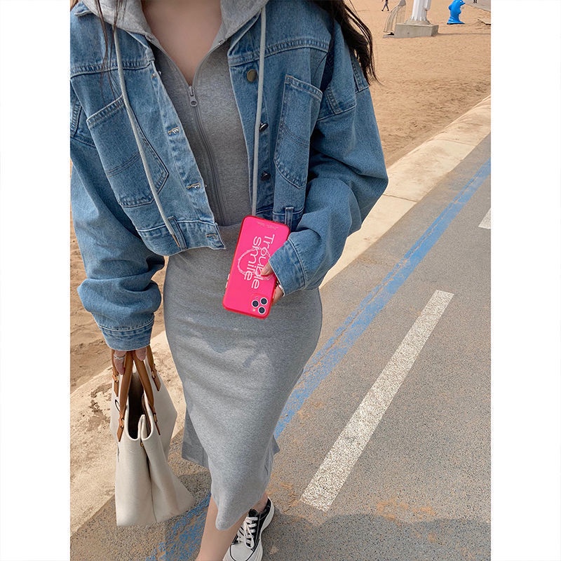 COZOK Đầm hoodie tay dài phối khoá kéo