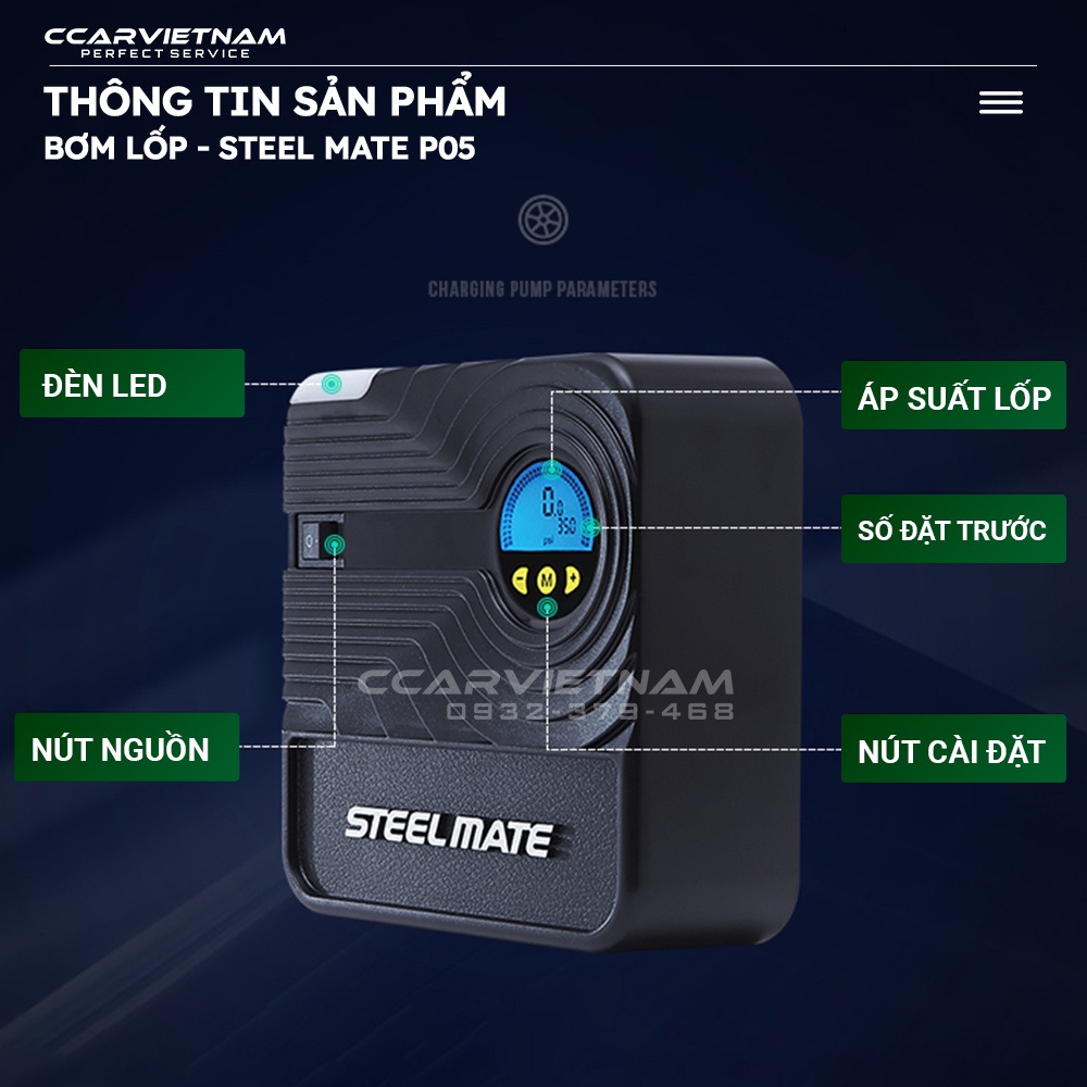 Máy Bơm Lốp Ô Tô Steelmate P05 Cảm Biến Hơi Tự Ngắt - Bơm Lốp Điện Tử Đa Năng Cho Xe Hơi - Ccar Vietnam