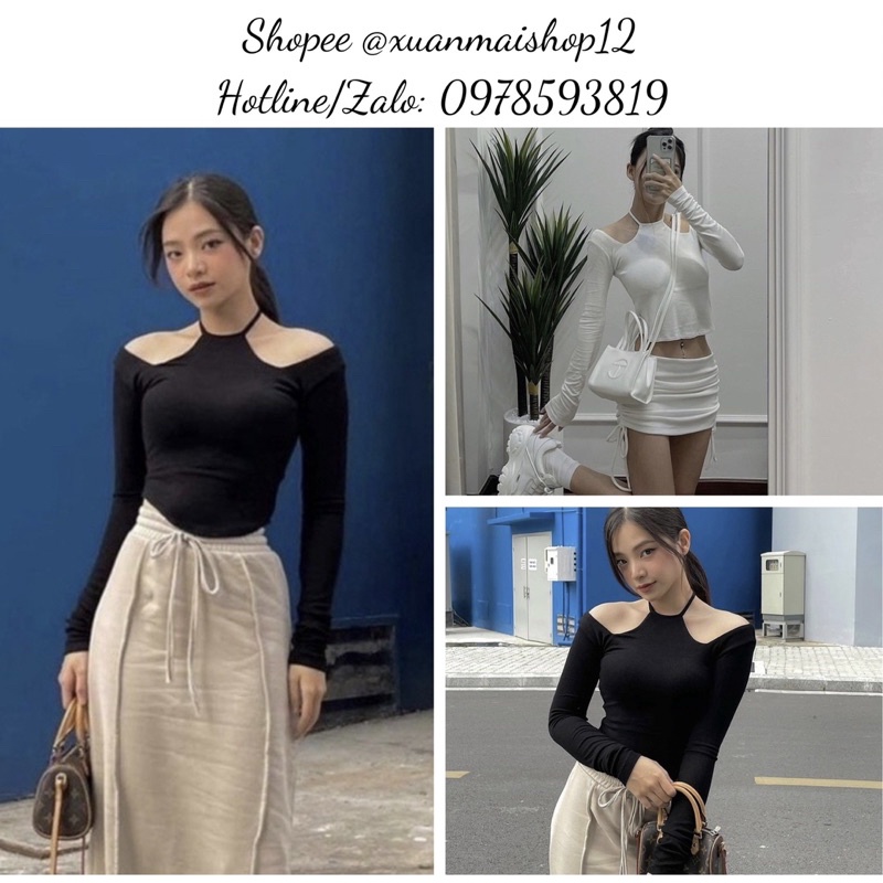 [FREESHIP- ẢNH THẬT] Áo croptop nữ vạt bầu tay dài cổ yếm cột dây hở vai ôm body nhiều màu siêu xinh