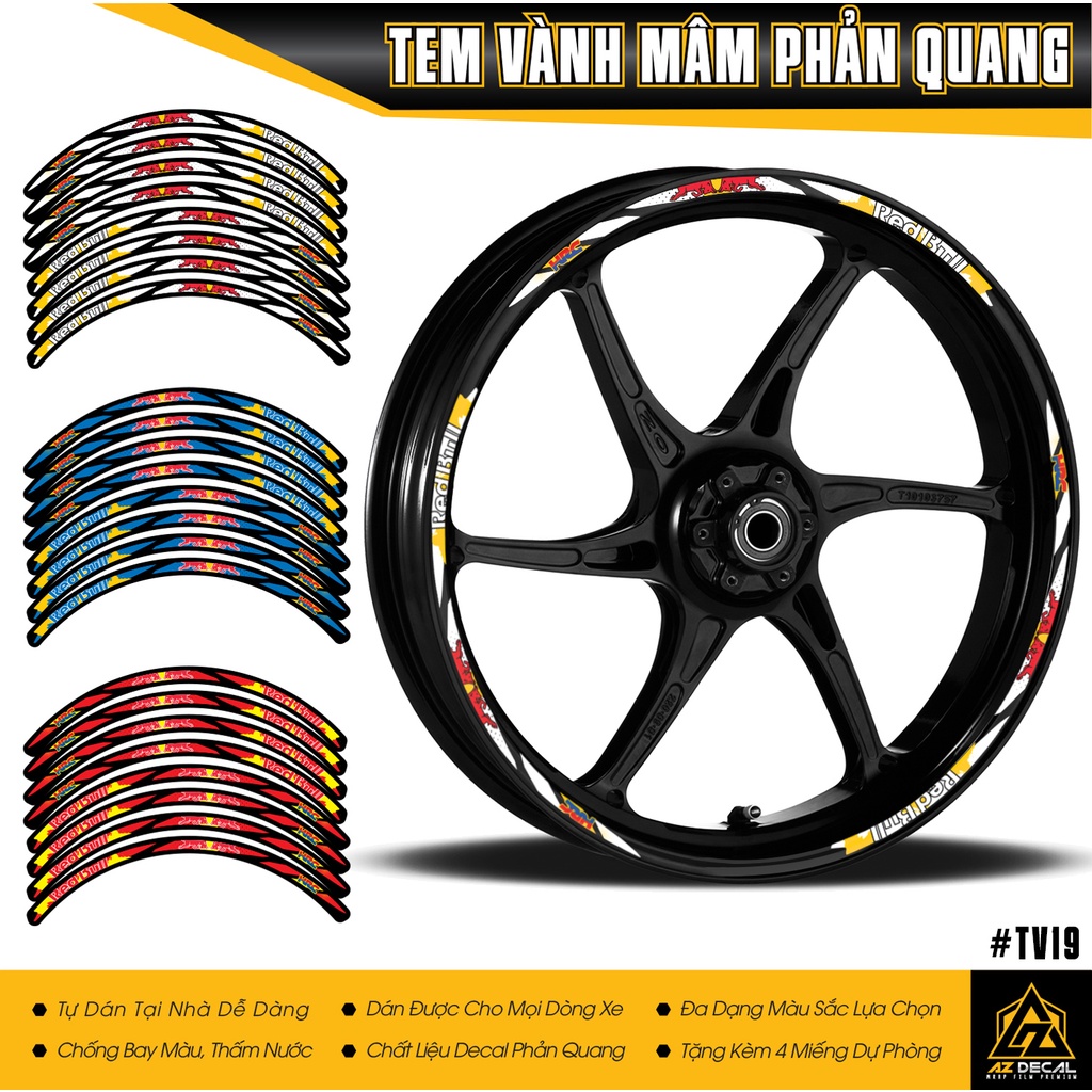 Tem Dán Mâm Xe Red Bull Phản Quang | TV19 | Decal Dán Vành Xe Chống Nước, Chống Bong Tróc