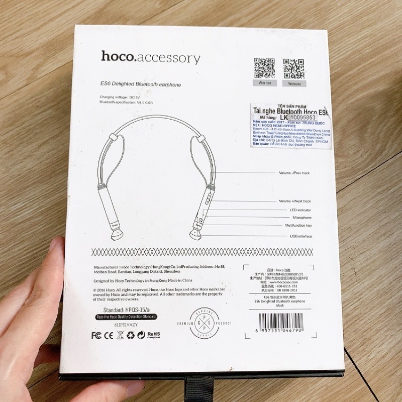 Chính hãng nguyên hộp-Tai nghe bluetooth thể thao Hoco ES6 màu đen bảo hành 1 tháng