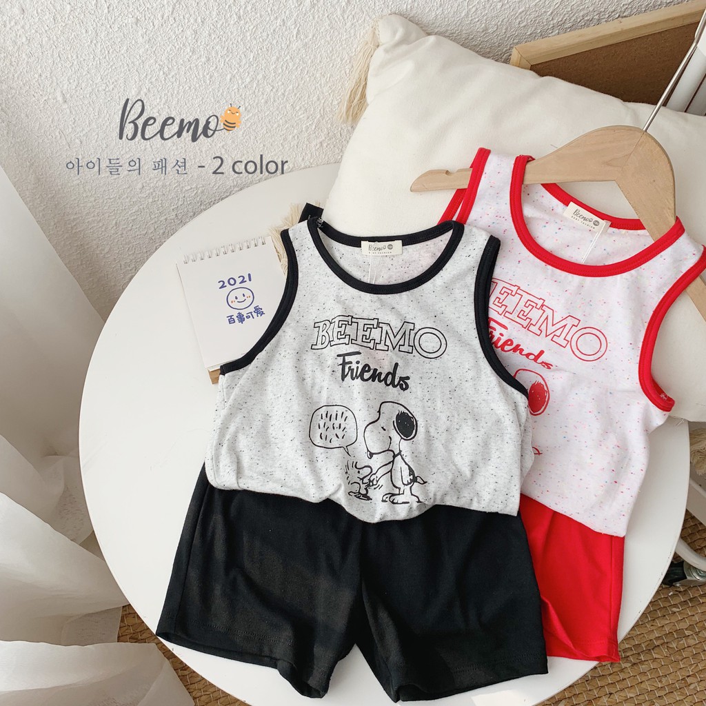 Bộ ba lỗ cotton unisex hoạ tiết Snoopy, bộ ba lỗ mặc nhà cho bé