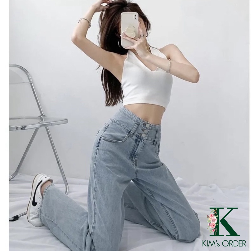 Quần Jean Nữ Cạp Cao 3 Cúc Màu Xanh Bạc Ống Suông Lưng Cao Phong Cách Hàn Quốc Hàng Quảng Châu Chất Jeans Mặc Hàng Ngày
