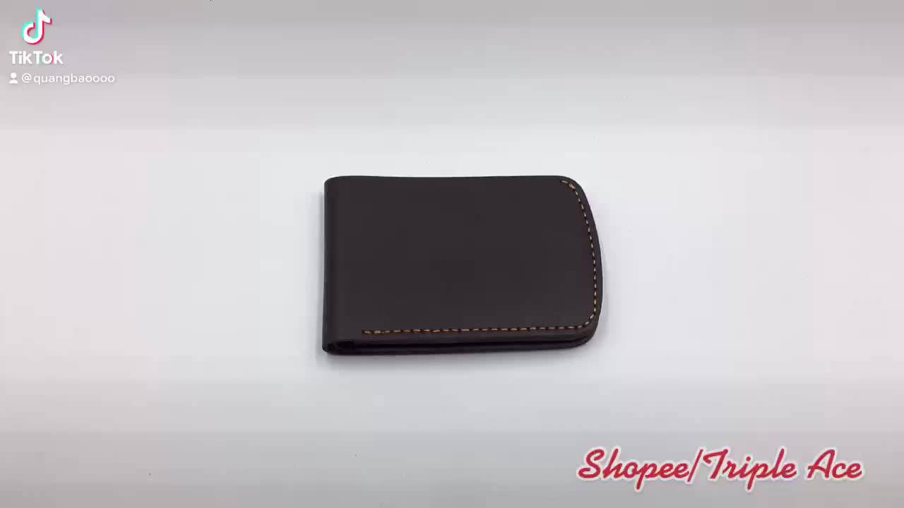 Ví da khắc tên - Ví sen da bò thật, gập đôi, nhiều khe đựng thẻ