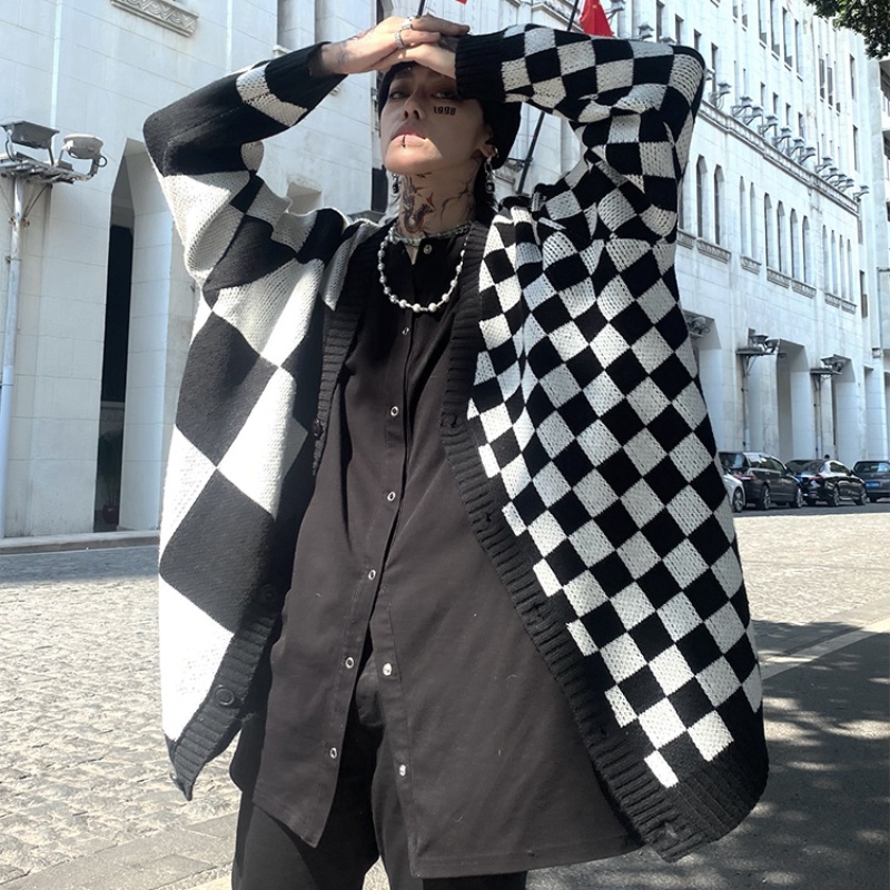 ✦AFFLIGA✦ Áo Khoác Cardigan Dệt Kim Dáng Rộng Họa Tiết Sọc Caro Trắng Đen Phong Cách Đường Phố Đơn Giản Thời Trang Xuân Thu Cho Nam Và Nữ