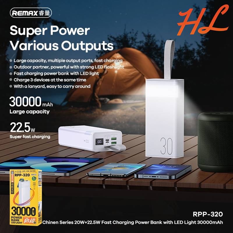 Pin Dự Phòng Remax RPP-320 30000mAh - Sạc Nhanh QC 18W, 22.5W, PD20W - BH 12 Tháng - Hunglongpc