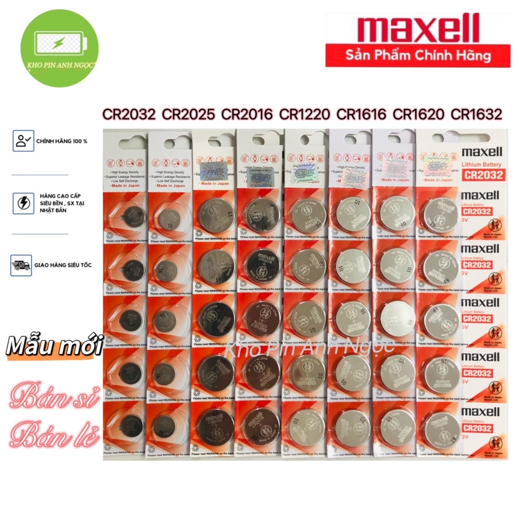 Pin CR2032 / CR2025 / CR2016 / CR1616/ CR1620/ CR1632/ CR1220 Maxell lithium 3V vỉ 5 viên - Hàng Chính Hãng