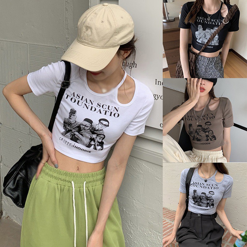 Áo thun tay ngắn form ôm thiết kế khoét lỗ in họa tiết gợi cảm cho nữ