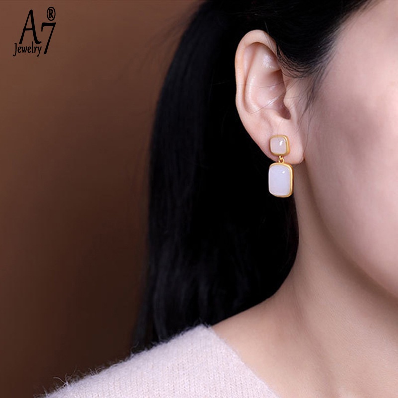 Bông Tai Bạc A7 S925 Đính Đá Ngọc Bích Hình Vuông Thời Trang Cho Nữ