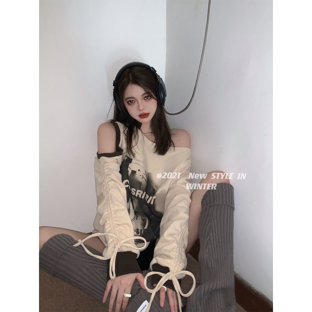 Áo mặc ngoài cổ chéo hở vai dáng rộng dễ phối đồ phong cách Mỹ thời trang thu đông mới dành cho nữ 4GNA